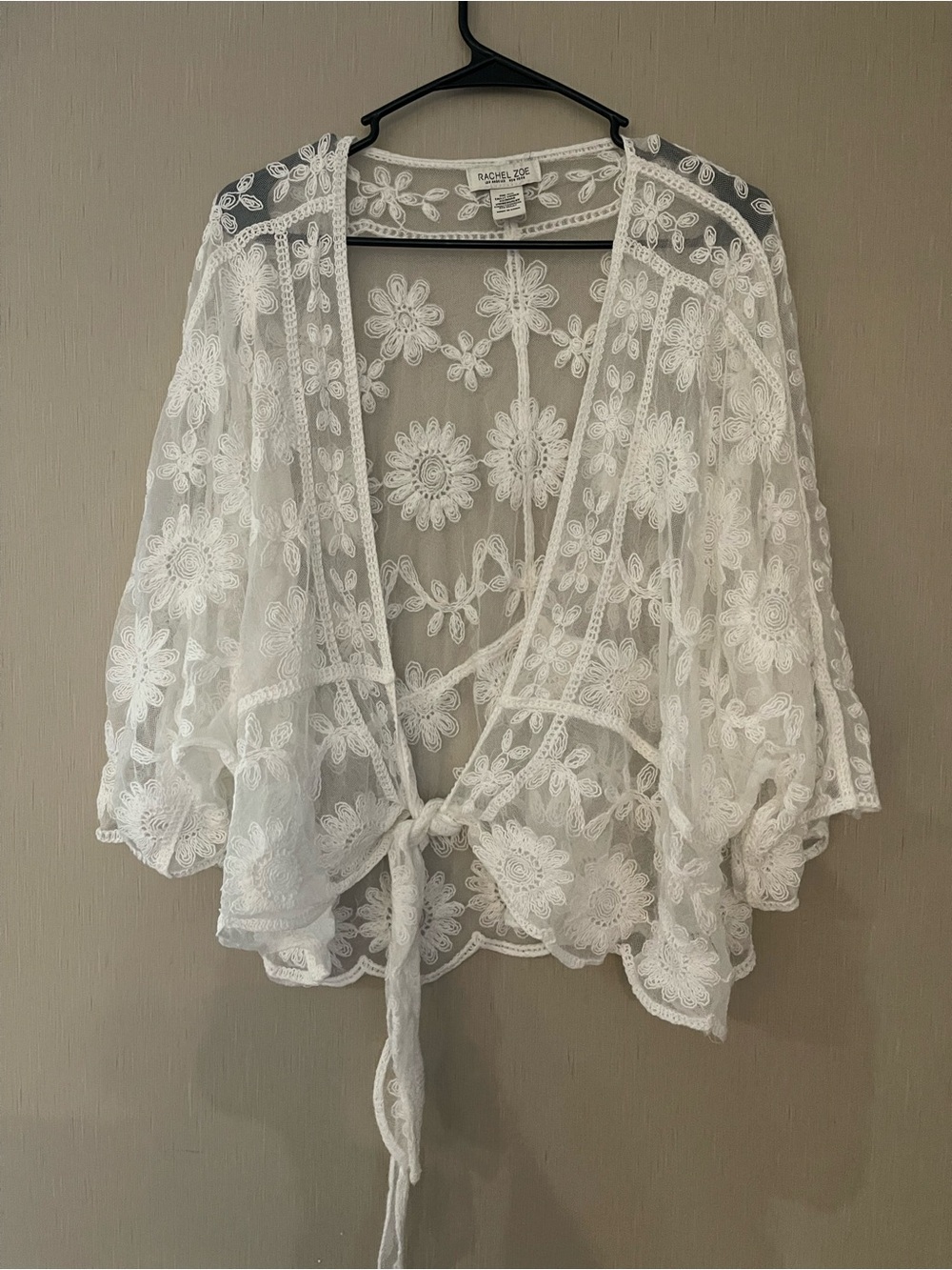 Rachel Zoe one size White Floral Lace Tie-Front Sheer Jacket cardigan embroidery